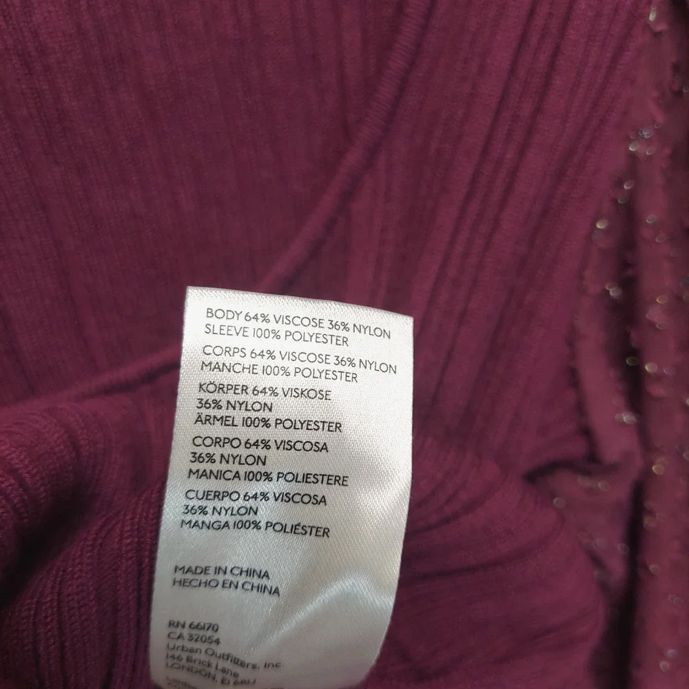 Anthropologie Burgandy Rib Knit Top S Puff Sleeve Coquette Semi Sheer Romantic‎